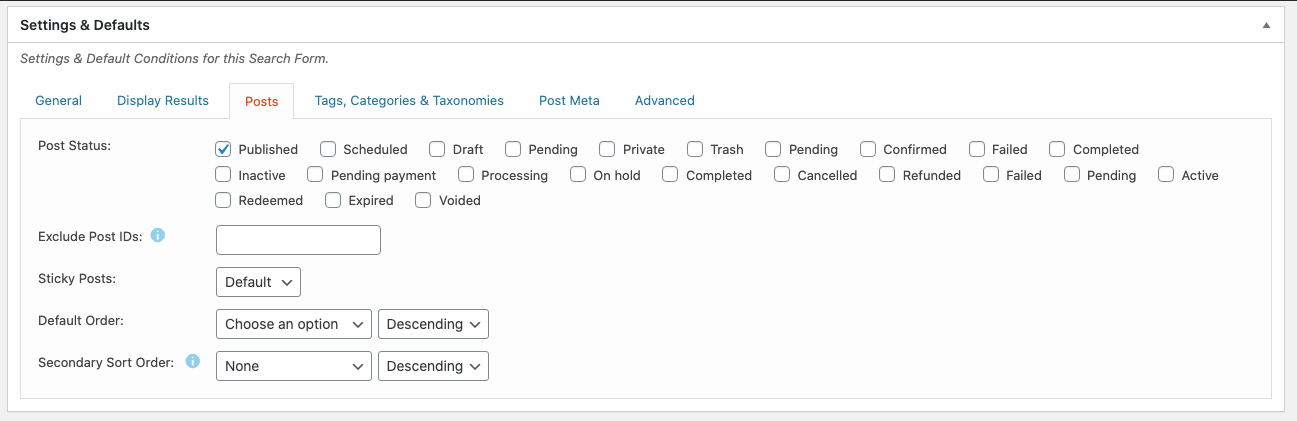 Search Filer Pro Post Settings