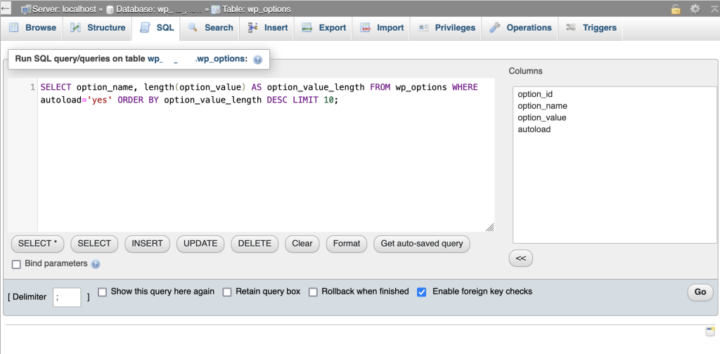 Phpmyadmin Run Wp Options Top Ten Autoload
