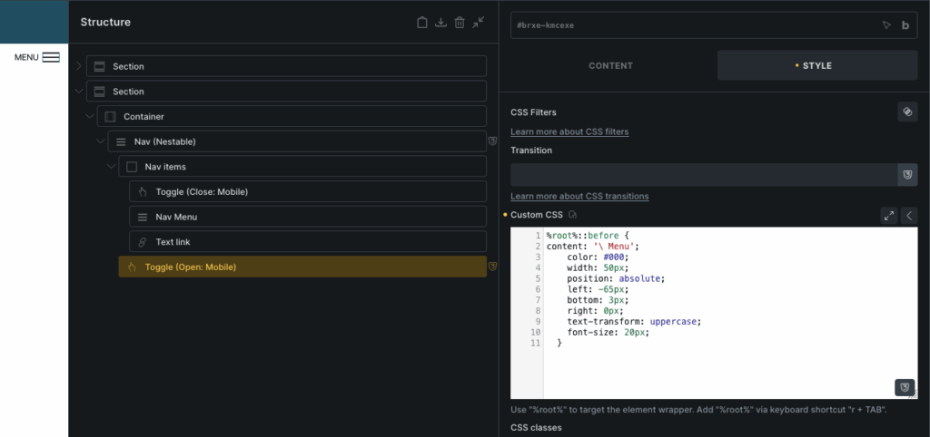 Bricks Menu Nestable Toggle Label